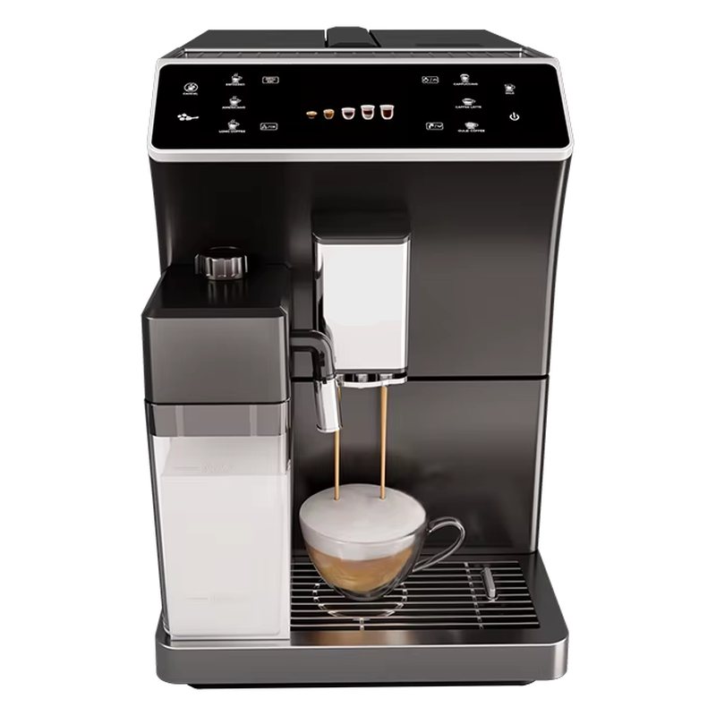 Kompakt szuperautomata kávégép tejtartállyal, éppen cappuccinót készít